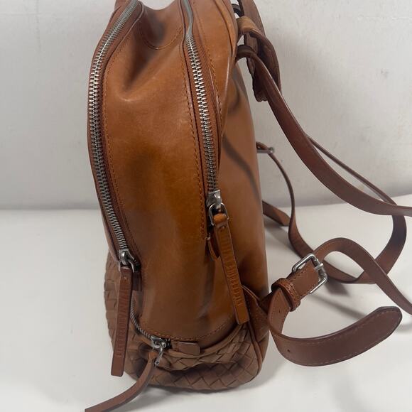 Vintage Liebeskind Berlin Brown Leather Backpack Adjustable Strap Zippered Woven - Picture 2 of 16
